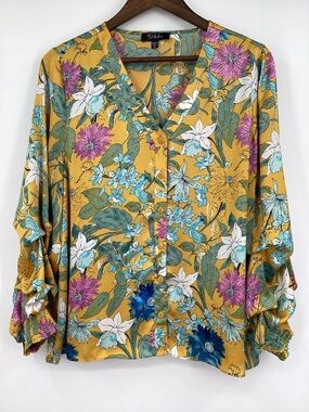 RD & KOKO by Anthropologie Satin Floral V-Neck Button Blouse in Yellow